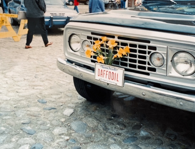 A vintage car displays a license plate reading "DAFFODIL" with yellow flowers in front. People walk in the background.