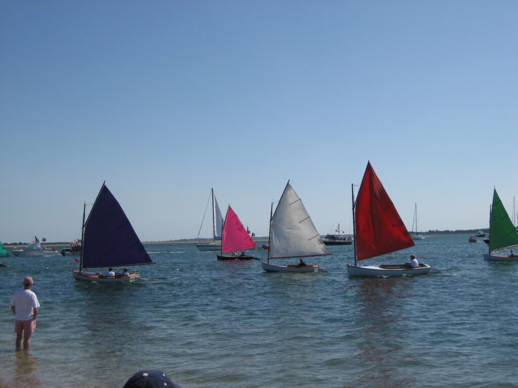 Sailboats with colorful sails navigate the water, while a person stands on the shore.