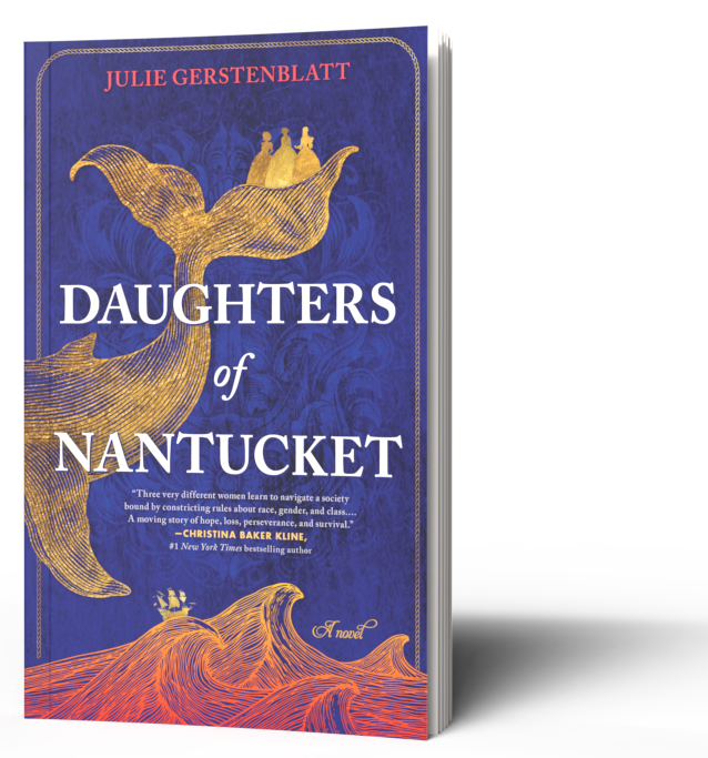 Book cover for "Daughters of Nantucket" by Julie Gerstenblatt, featuring a whale and waves in gold and blue.