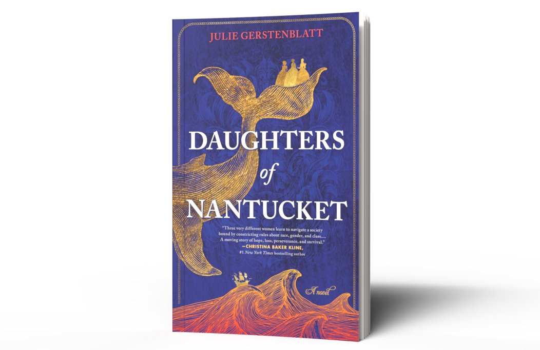 Book cover for "Daughters of Nantucket" featuring a golden whale and waves, with the author's name prominently displayed.