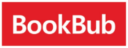 Red background with white text displaying the name "BookBub.