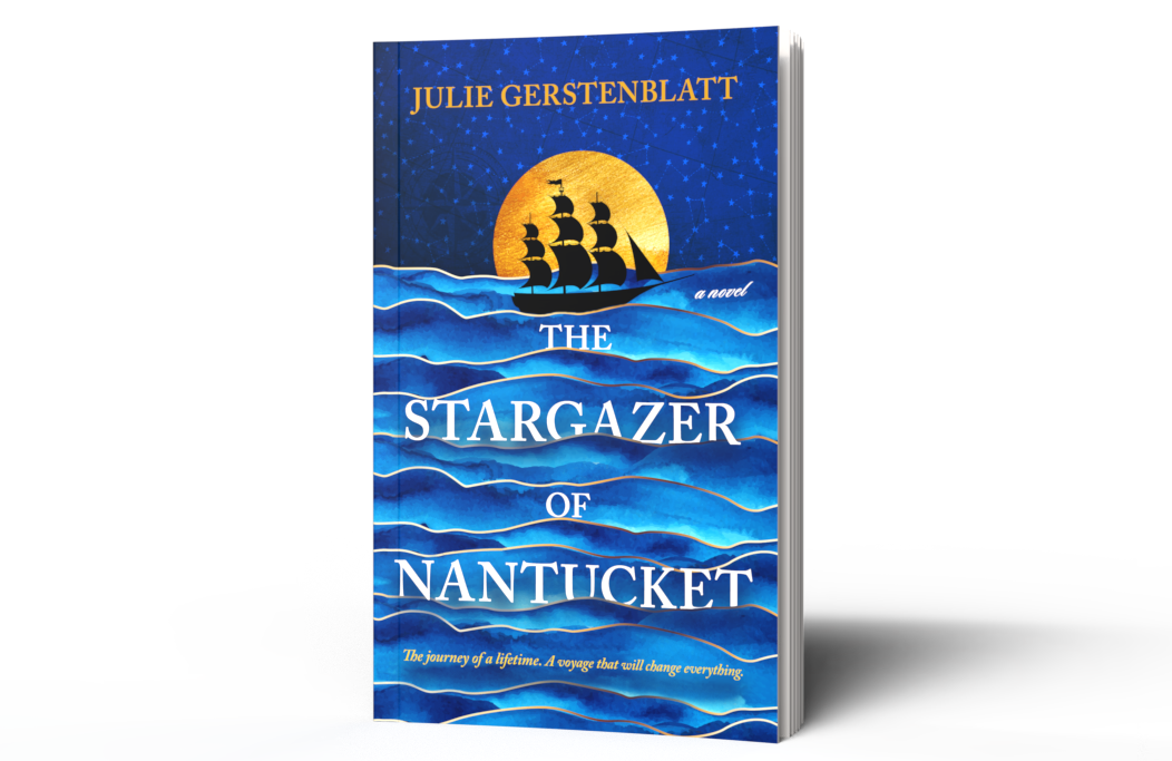Book cover of "The Stargazer of Nantucket" featuring a ship on waves under a starry sky and a large moon.