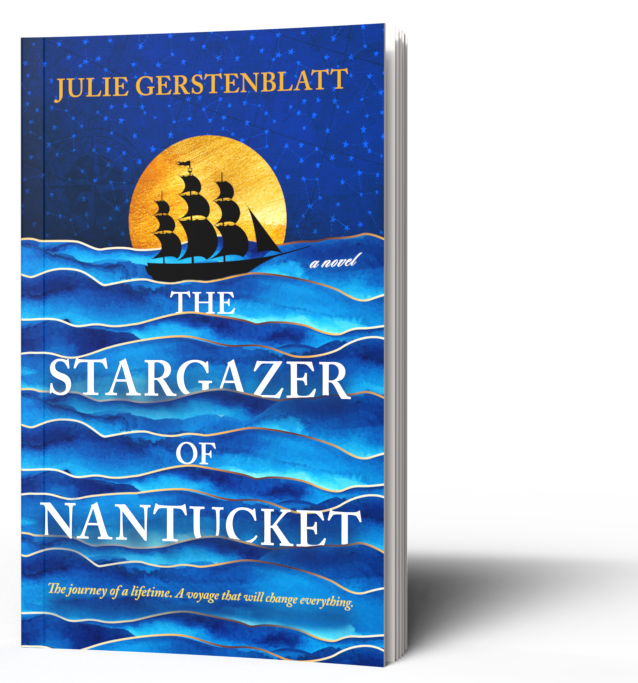 Book cover for "The Stargazer of Nantucket" featuring ships and a golden sun over blue waves.