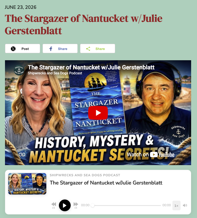 Julie Gerstenblatt and a host discuss "The Stargazer of Nantucket" podcast, featuring a book cover in the background.