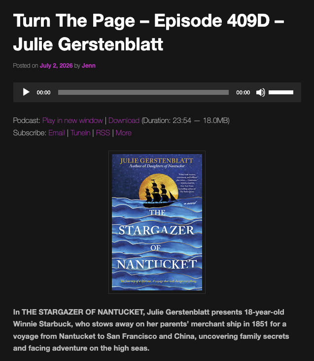 Podcast episode featuring Julie Gerstenblatt discussing her novel "The Stargazer of Nantucket.